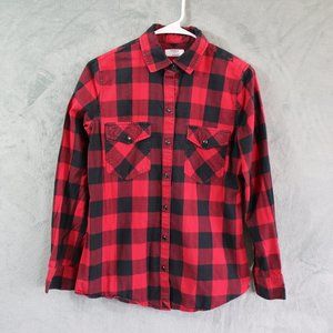 Untuckit Dylan Flannel Womens Small 4 Black Red Plaid Long Sleeve Pearl Snap